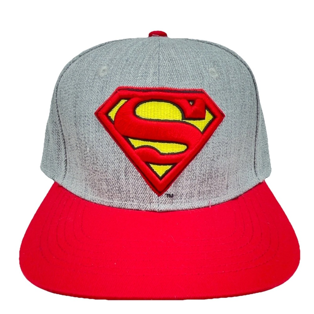 Superman Hat Cap Snap Back Gray Red Shield Logo High Dome DC Comics Flat Bill